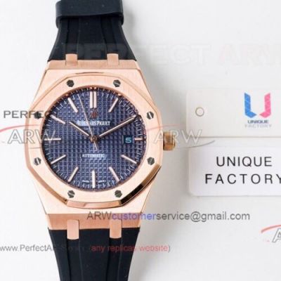 Perfect Replica Audemars Piguet Royal Oak Rose Gold Blue Dial Rubber Strap Watch 41mm